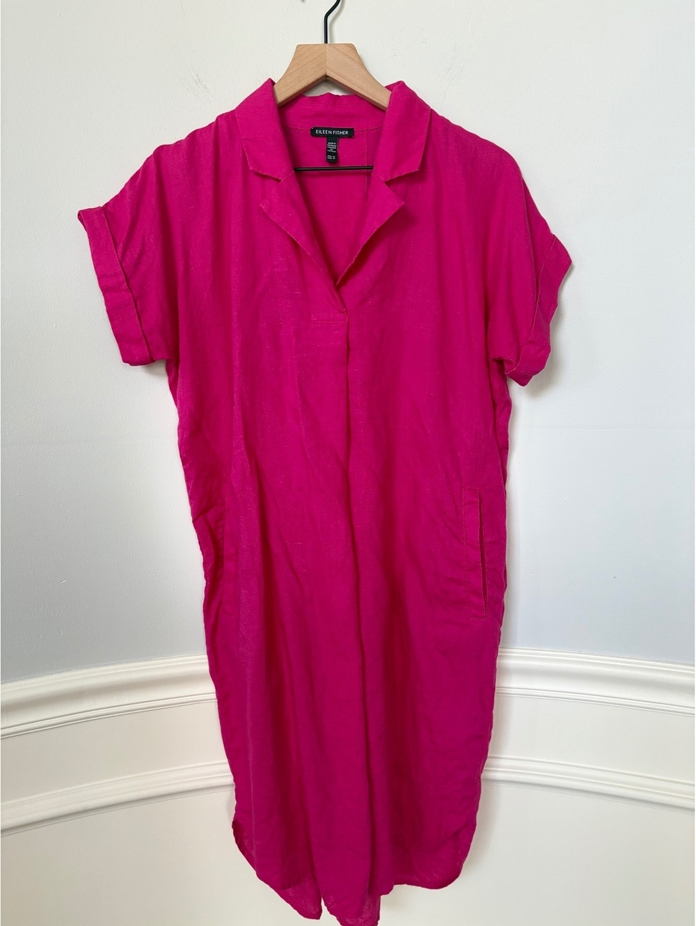 Eileen Fisher Organic Linen Notch Collar Shift Dress in Fuchsia- Size XS